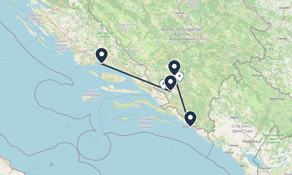 Route map: Split to Pocitelj to Mostar to Dubrovnik